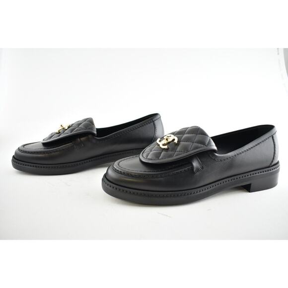 Chanel REV Black Quilted Flap Turnlock CC Logo Gold Mule Slip On Flat Loafer 37 - Picture 10 of 12